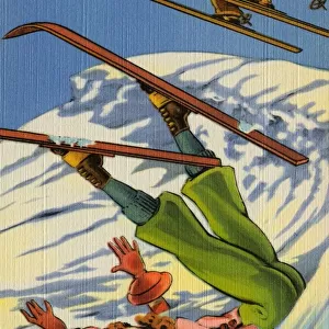 Cartoon of Skiers Losing Control. ca. 1939, Cartoon of Skiers Losing Control