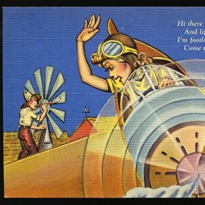 Cartoon of Woman Flying Airplane. ca. 1938, Hi there pal, I m feeling spry, And lifes a merry tune, I m footloose, free and flyin high, Come up and see me soon
