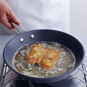 Chicken escalopes being fried in cooking oil in frying pan on hob
