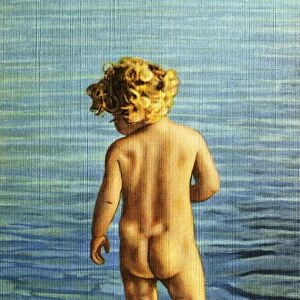 Child Standing in Water. ca. 1936, Minnesota, USA, A BATHER IN MINNESOTAs SKY BLUE WATER