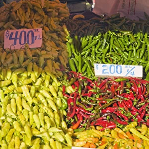 Chile, Biobio region, Chillan city, market stall selling chilli peppers