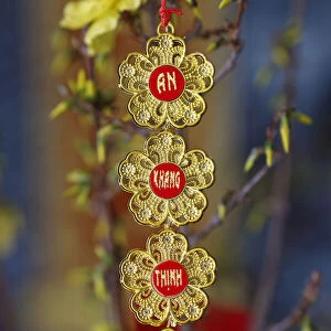 Chinese Lunar New Year ot Tet decorations on yellow tree