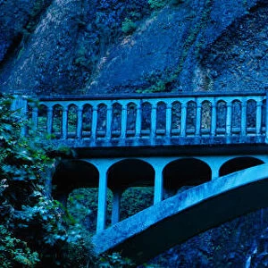 This is a close up of the Multnomah Falls and footbridge. It has a 542 ft. drop from the top