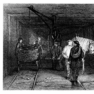 Coal Mining: Underground scene showing full baskets (corves) of coal being loaded