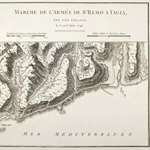 Coast between San Remo and Taggia, Liguria Region, French map drawn during the War of the Austrian Succession of 1746, Paris, Copper engraving, 1775