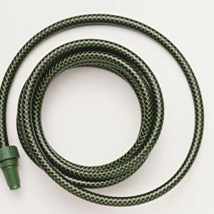 Coiled green garden hose, close up