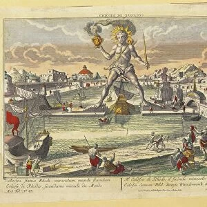 Colossus of Rhodes, one of Seven Wonders of Ancient World, engraving by Johann Balthazar Probst