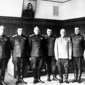 Front commanders at the end of great patriotic war (1941-1945), from right to left: i, s, konev, f, i, tolbukhin, a, m, vasileysky, r, y, malinovsky, g, k, zhukov, l, n, govorov, k, k, rokossovsky, a, i, yeremenko, k, a, meretskov and i, h, bagramyan