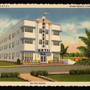 Congress Hotel. ca. 1936, Miami Beach, Florida, USA, Stop at the CONGRESS HOTEL, 1036 Ocean Drive, MIAMI BEACH. Ideal Location, Directly on the Ocean, Modern, Beautifully Furnished, Every Room with Private Bath and Shower, Elevator Service, Steam Heat, Solarium, Surf Bathing from Your Room