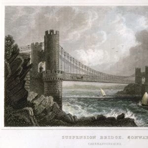 Conwy suspension bridge over Conwy estuary, Wales, part of the great London-Holyhead road