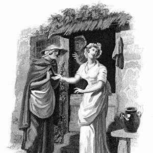 Country girl having her hand read by an itinerant fortune teller