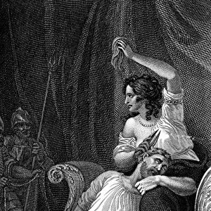 Delilah cutting Samsons hair, thus taking away his strength. Bible. Illustration