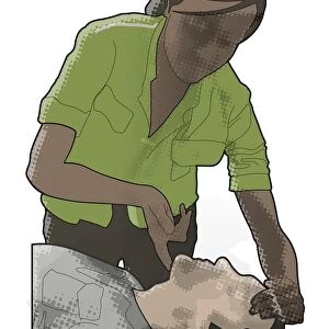 Digital composite of woman using finger on chin and hand on forehead to move head of male casualty back
