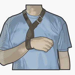 Digital illustration of man using belt support as sling