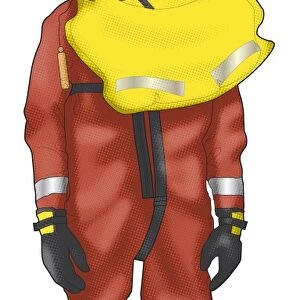 Digital illustration of man wearing survival suit and lifejacket