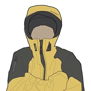 Digital illustration of man wearing waterproof jacket with hands in armpits for warmth