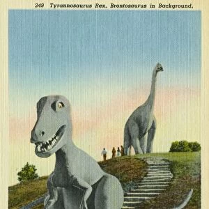 Dinosaur Park in Rapid City, South Dakota. ca. 1938, Rapid City, South Dakota, USA, 249 Tyrannosaurus Rex, Brontosaurus in Background, Dinosaur Park, Rapid City, So. Dak