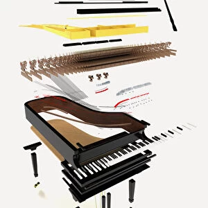 Disassembled parts of a grand piano