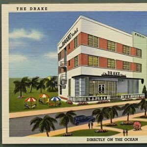 The Drake Hotel in Miami Beach. ca. 1938, Miami Beach, Florida, USA, THE DRAKE, MIAMI BEACH, FLORIDA. DIRECTLY ON THE OCEAN. The Drake Hotel, Ocean Drive at 15th St. Miami Beach, Florida. Excellent location-Overlooking Ocean-All outside rooms with Private Baths and Tub Showers-Elevator street level-Spacious Lobby-Patio-Modern Solarium-Surf bathing from your room-Connected Parking Grounds-European Plan-
