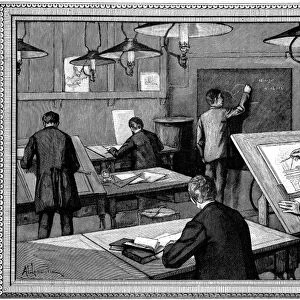 Ecole des Ponts-et-Chaussees, Paris. Students at their studies. Wood engraving, Paris