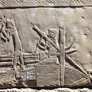 Egypt, Ancient Memphis, Necropolis of Saqqara. Mastaba of Ipi. Relief portraying carpenters repairing boat. (New Kingdom, Dynasty XVIII)