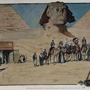 Egypt, Giza, Tourists in front of Sphinx, engraving, 1901