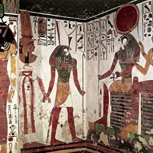 Egypt, Luxor, Valley of the Queens, Nefertaris Tomb, Details form frescos in vestibule with Harsiesi leading Queen and Imentet Hathor and Ra-Harakhti by the hand