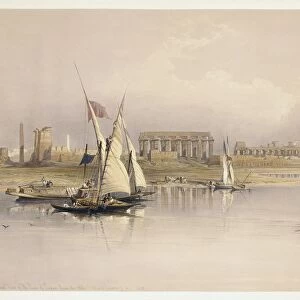 Egypt, ruins of Luxor from River Nile, engraving based on drawing by David Roberts