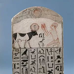 Egyptian painted limestone stele depicting worship of bull god Apis, from Serapeum at Saqqara, Egypt, New Kingdom