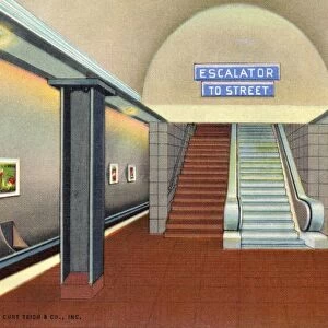 Escalator in Chicagos Initial Subways. ca. 1941, Chicago, Illinois, USA, 202--Moving Stairs, Chicagos Initial Subways. Reversible escalators are to operate between train platforms and mezzanine stations of Chicago 8 3 / 4 mile, two route, initial subways. Other equipment is to include streamlined all-metal cars, rubber-insulated tracks and fluorescent lighting