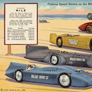 Famous Speed Racers on the Measured Mile, Daytona Beach, Florida Postcard. ca. 1940, Daytona Beach, Florida, USA, Famous Speed Racers on the Measured Mile, Daytona Beach, Florida Postcard