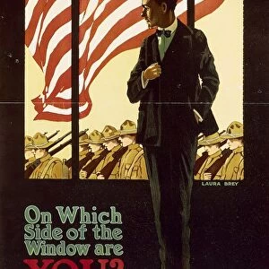 First World War - Enlist On which side of window are youja Advertisement for recruitment of soldiers, illustration by Laura Brey, 1917