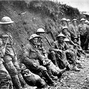First World War: Party of Royal Irish Rifles in a communication trench on the first