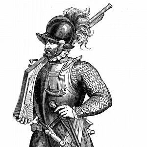 Foot soldier carrying an arquebus. Engraving after Cesare Vecellio Degli habiti antichi