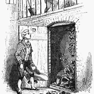 Footman collecting a scuttle of coal from the cellar under the pavement at the very