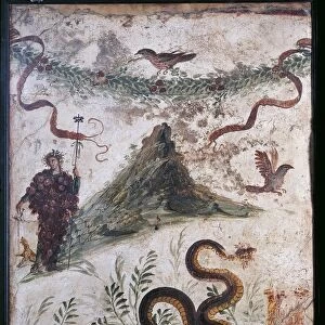 Fourth style fresco depicting Bacchus and Vesuvius volcano, From House of Centenary at Pompeii