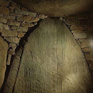 France, Brittany, Locmariaquer megalithic site, Interior of dolmen with Table des Marchands