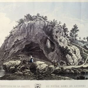 France, Lourdes, View of the Grotto of Massabielle also known as the Cave of Apparitions, engraving