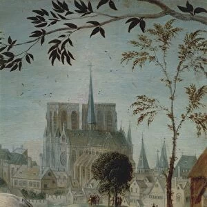 France, Paris, gallant scene with Notre-Dame Cathedral