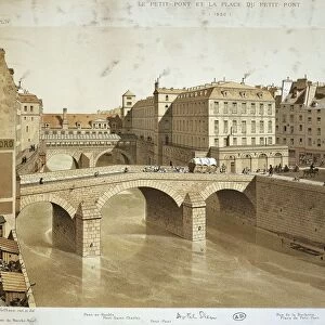 France, Paris, View of Petit Pont, Place du Petit Pont and Hotel Dieu on Ile de la Cite, engraving, 1830