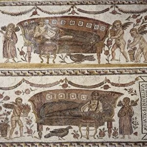 Funerary mosaic depicting a married couple banqueting lying on a bed surrounded by cupids picking flowers and playing musical instruments. From Henchir Thyna, ancient Thaenae, Tunisia, 4th century a. d