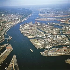Germany, Aerial view of port of Hamburg on river Elbe