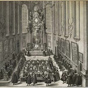 Germany, Lutheran Holy Communion in the Church of Minorities in Augsburg, engraving by Hieronymus Sperling (1695-1777), 1732