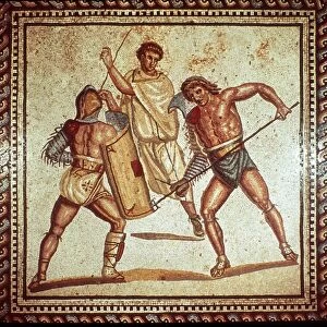 Gladiators in the arena. Roman mosaic. Saarbruck