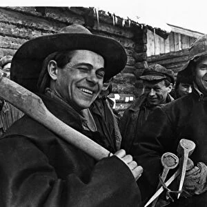 Gold miners on their way to work in a shaft of the artemovsky gold mine, of the lenzoloto (lena gold) trust, eastern siberia, april 1937