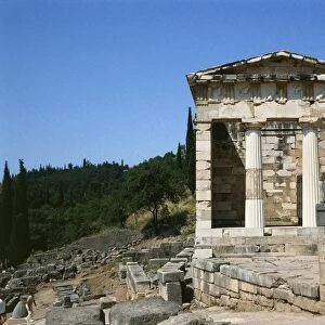 Greece, Delphi Temple of Apollo, Athenian Treasury, reconstruction with original material