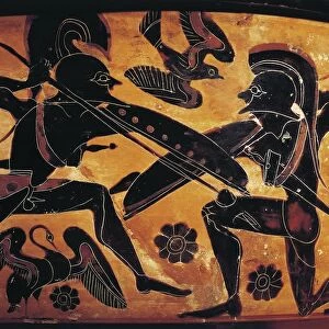 Greek civilization, Black-figure pottery, Attic vase depicting clash between two warriors