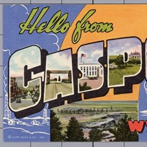 Greeting Card from Casper, Wyoming. ca. 1941, Casper, Wyoming, USA, Casper, the Capital City of central Wyoming, metropolis of a great oil empire, and the center of a vast new irrigation and power area from the Seminoe and Alcova dam projects. Rugged Wyoming scenery both mountain and prairie stretch away in all directions and historical spots are all around. Its a breezy bustling western city-- going places and in a hurry to get there