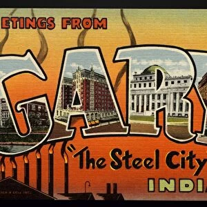 Greeting Card from Indiana. ca. 1945, Gary, Indiana, USA, G-Horace Mann High School. A-Gary Hotel. R-City Hall. Y-Knights of Columbus Club Hotel