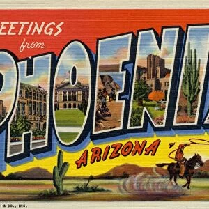 Greeting Card from Phoenix, Arizona. ca. 1939, Phoenix, Arizona, USA, Phoenix is the county seat of Maricopa County, and is the Capital of the State of Arizona. It was founded in 1867 and today the population of its metropolitan area is estimated at 225, 000. It is a mecca for winter visitors, who journey west to enjoy the mild climate of desert sunshine. KEY TO LETTERS: P-North Central Avenue: H-Court House: O-State Capitol: E-Apache Indians: N-Arizona Biltmore: I-Giant Sahuaro: X-Palm Drive